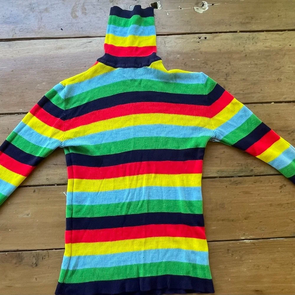 Vintage 1970s Tight Turtleneck Sweater 100% Acrylic Knit Rainbow Striped 38 - Picture 2 of 6